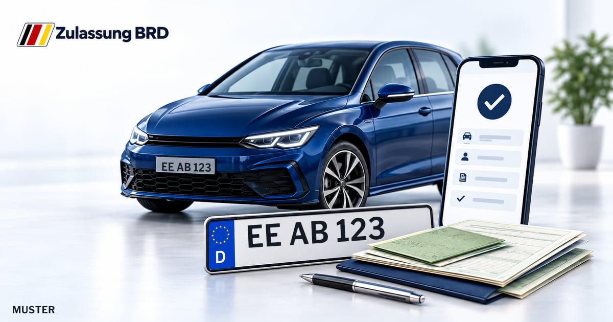 Online Fahrzeugzulassung in Bad Liebenwerda: Musterkennzeichen EE AB 123, Auto und Fahrzeugpapiere und Smartphone. Illustration mit Logo von Zulassung BRD.